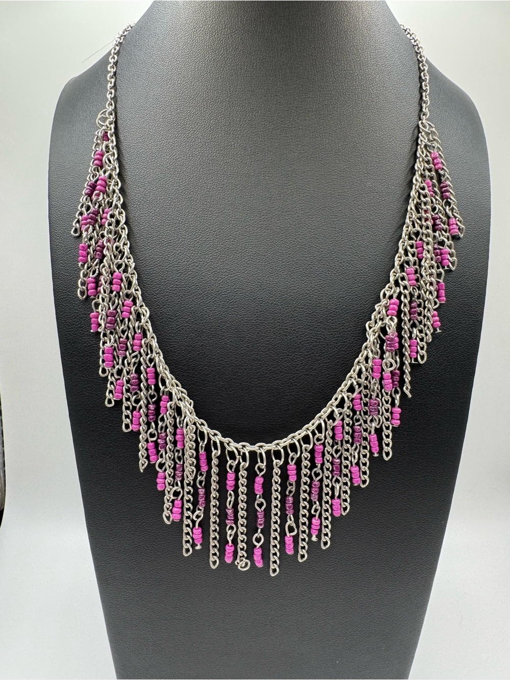Silver Chain Fringe Necklace with Purple Beads - Women Jewelry